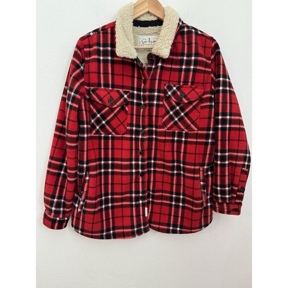 Soho Threads Shacket Womens Large Red Plaid Sherpa Lined Pockets Shirt Jacket - Picture 1 of 5